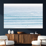 77145995-SEG-FC-51X34_Oversize_Oversize-Ocean Simplicity Wall Art Canvas Print, Framed Surfer on Water Art Picture Print, Light Blue Perfect Coastal Minimalist Decor
