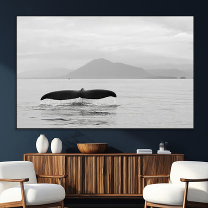 30524220-SEG-FC-51X34_Oversize_Oversize-Whale Tail Wall Art Canvas Print, Framed Black White Ocean Art Picture Print, Calm Marine Perfect Minimalist Coastal Decor Artwork