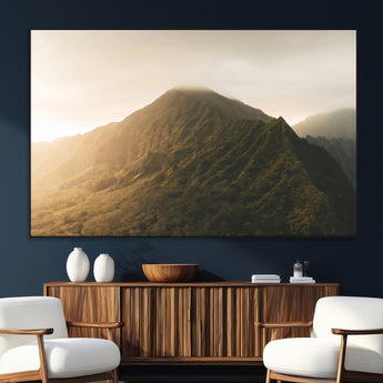42338636-MGV-CV-36X24-Golden Mountain Wall Art Canvas Print, Framed Misty Summit Art Picture Print, Rugged Landscape Perfect Moody Wilderness Decor