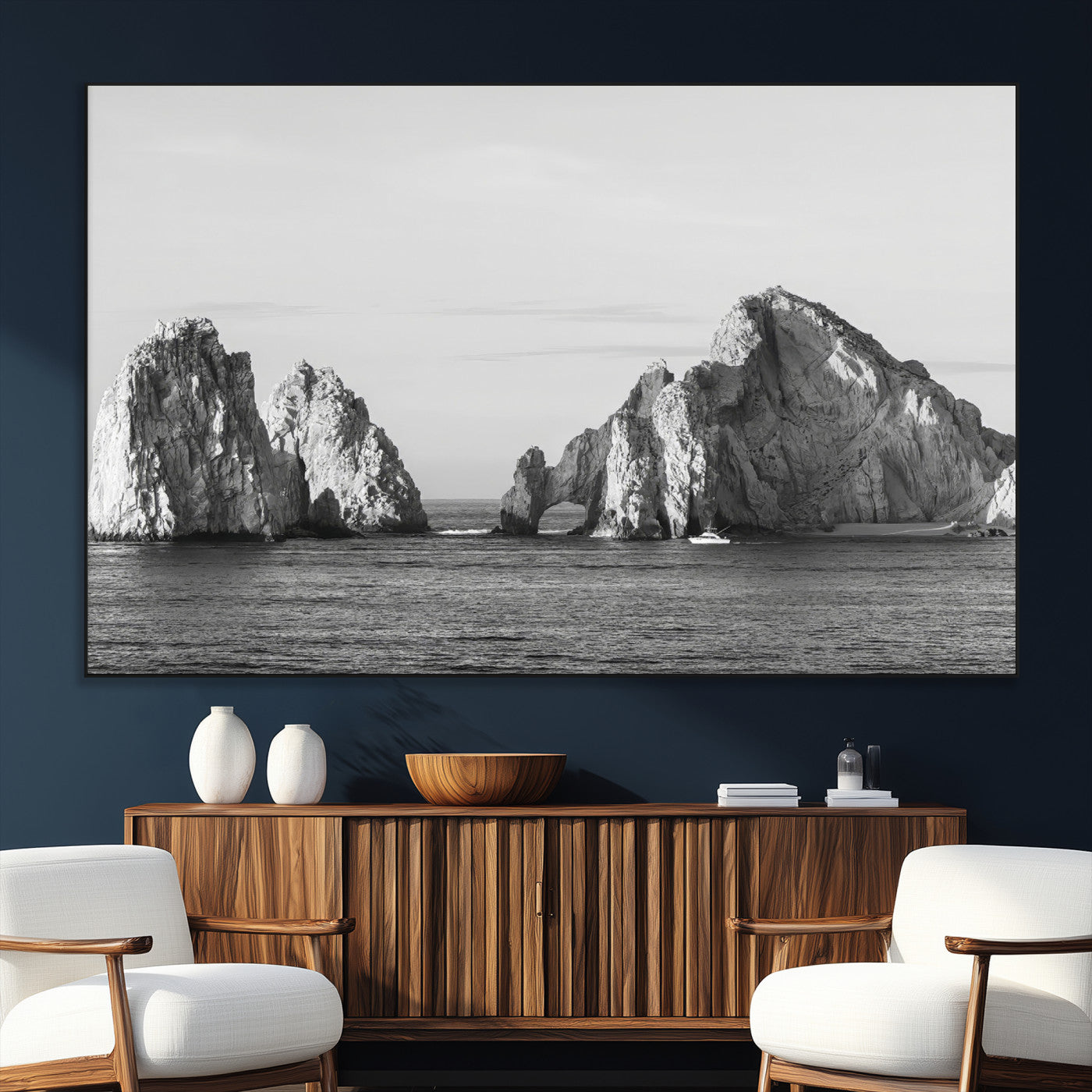 18810731-SEG-FC-51X34_Oversize_Oversize-Rugged Coastline Wall Art Canvas Print, Framed Ocean Cliffs Art Picture Print, Monochrome Seascape Perfect Coastal Minimalist
