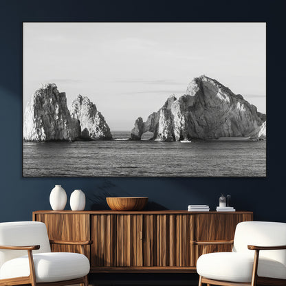 18810731-SEG-FC-51X34_Oversize_Oversize-Rugged Coastline Wall Art Canvas Print, Framed Ocean Cliffs Art Picture Print, Monochrome Seascape Perfect Coastal Minimalist