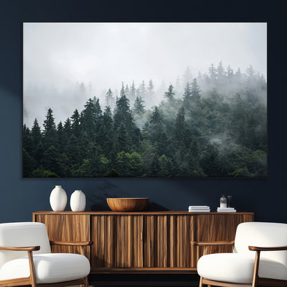 84146572-MGV-CV-36X24-Foggy Pine Trees Wall Art Canvas Print, Framed Forest Nature Art Picture Print, Evergreen Forest Perfect Scandinavian Minimalist