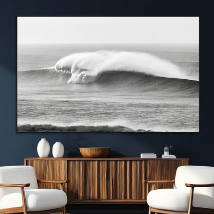 42544082-MGV-CV-36X24-Monochrome Seascape Wall Art Canvas Print, Framed Surf Wave Art Picture Print, Minimalist Ocean Perfect Moody Coastal Decor