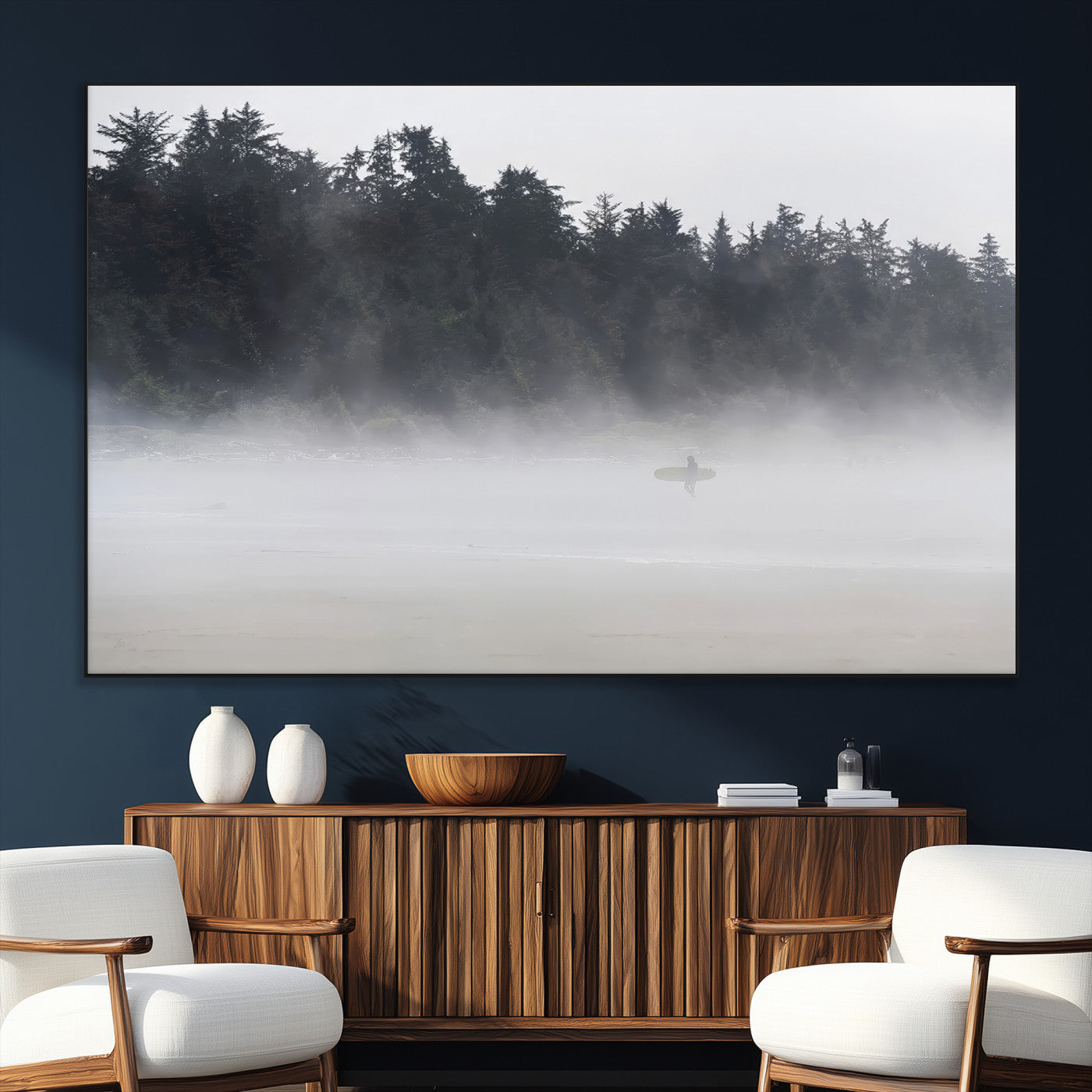 59703275-MGV-CV-36X24-Surfer in Fog Wall Art Canvas Print, Framed Foggy Beach Art Picture Print, Coastal Surf Perfect Moody Coastal Decor Artwork