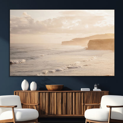 57669769-MGV-CV-36X24-Misty Coastal Wall Art Canvas Print, Framed Golden Sunset Art Picture Print, Serene Shoreline Perfect Tranquil Coastal Decor