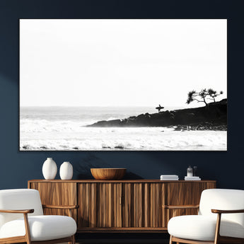 40875891-SEG-FC-51X34_Oversize_Oversize-SurferCliffs Wall Art Canvas Print, Framed Black White Beach Art Picture Print, Ocean Waves Perfect Minimalist Coastal Decor