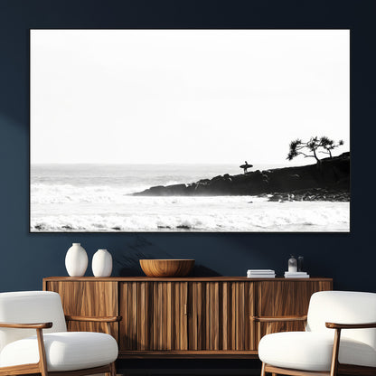 40875891-SEG-FC-51X34_Oversize_Oversize-SurferCliffs Wall Art Canvas Print, Framed Black White Beach Art Picture Print, Ocean Waves Perfect Minimalist Coastal Decor