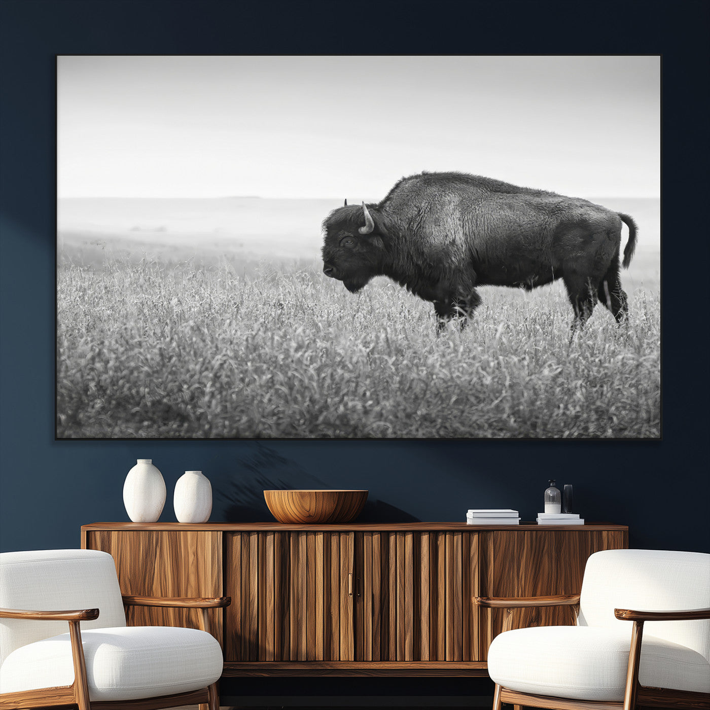 28435251-SEG-FC-51X34_Oversize_Oversize-Bison In Prairie Wall Art Canvas Print, Framed Rustic Wildlife Art Picture Print, Wild Buffalo Perfect Rustic Western Decor