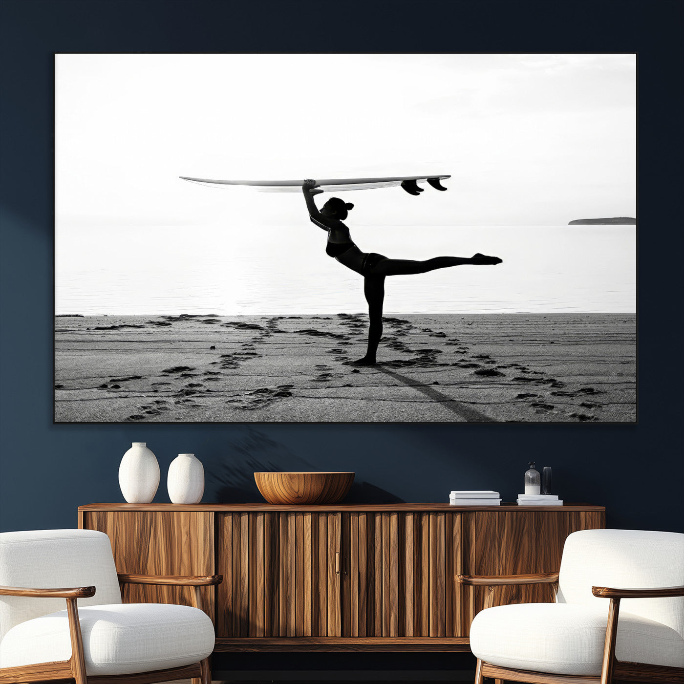 28441356-MGV-CV-36X24-Yoga Surf Wall Art Canvas Print, Framed Black White Shore Art Picture Print, Peaceful Ocean Perfect Minimalist Coastal Decor