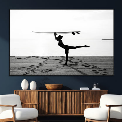 28441356-MGV-CV-36X24-Yoga Surf Wall Art Canvas Print, Framed Black White Shore Art Picture Print, Peaceful Ocean Perfect Minimalist Coastal Decor