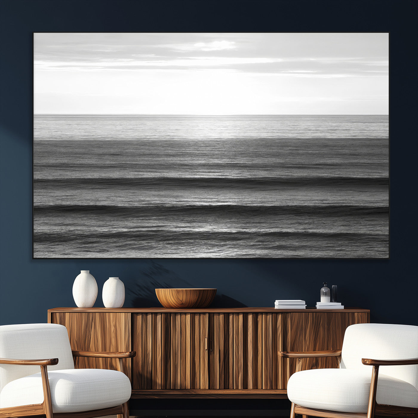 47305203-SEG-FC-51X34_Oversize_Oversize-Monochrome Ocean Wall Art Canvas Print, Framed Moody Ocean Art Picture Print, Calm Ocean Perfect Minimalist Coastal Decor Artwork