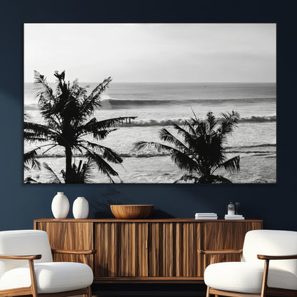 17508038-SEG-FC-51X34_Oversize_Oversize-Tropical Coastline Wall Art Canvas Print, Framed Palm Trees Art Picture Print, Ocean Waves Perfect Minimalist Coastal Decor