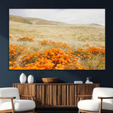 28972262-MGV-CV-36X24-Golden Wildflowers Wall Art Canvas Print, Framed Hills Bloom Art Picture Print, Poppy Meadow Perfect Rustic Nature Decor Artwork