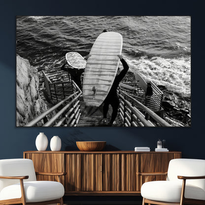 32353707-SEG-FC-51X34_Oversize_Oversize-Black White Surfing Wall Art Canvas Print, Framed Coastal Surfing Art Picture Print, Wave Riders Perfect Coastal Adventure Decor