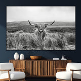 24051061-MGV-CV-36X24-Monochrome Highland Cow Wall Art Canvas Print, Framed Scottish Bull Art Picture Print, Lone Cattle Perfect Rustic Farmhouse Decor