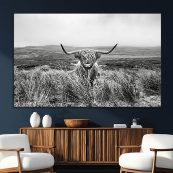 24051061-SEG-FC-51X34_Oversize_Oversize-Monochrome Highland Cow Wall Art Canvas Print, Framed Scottish Bull Art Picture Print, Lone Cattle Perfect Rustic Farmhouse Decor