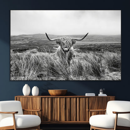 24051061-SEG-FC-51X34_Oversize_Oversize-Monochrome Highland Cow Wall Art Canvas Print, Framed Scottish Bull Art Picture Print, Lone Cattle Perfect Rustic Farmhouse Decor