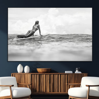 69798068-SEG-FC-51X34_Oversize_Oversize-Black White Surfing Wall Art Canvas Print, Framed Ocean Horizon Art Picture Print, Surfer Girl Perfect Coastal Adventure Decor