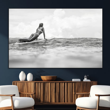 69798068-SEG-FC-51X34_Oversize_Oversize-Black White Surfing Wall Art Canvas Print, Framed Ocean Horizon Art Picture Print, Surfer Girl Perfect Coastal Adventure Decor
