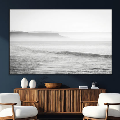 60635783-MGV-CV-36X24-Black White Seascape Wall Art Canvas Print, Framed Ocean Waves Art Picture Print, Misty Coastal Perfect Minimalist Coastal Decor