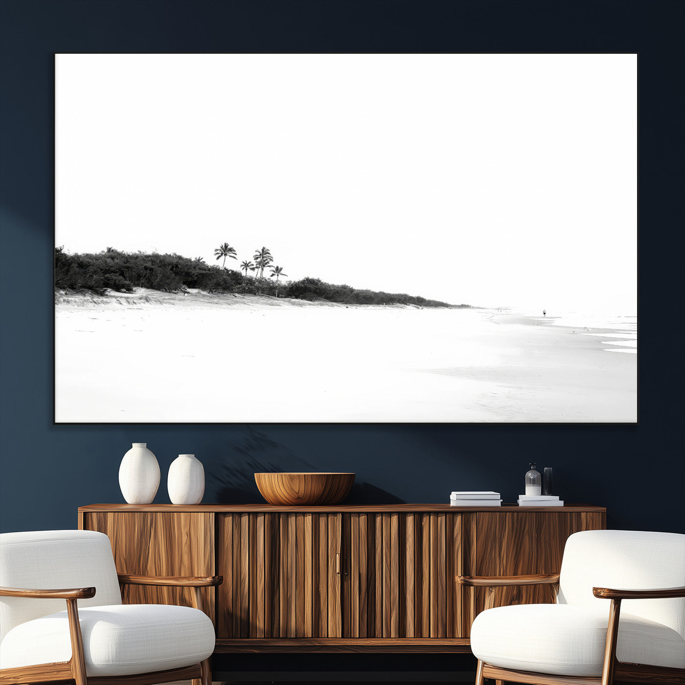 29611516-MGV-CV-36X24-Black White Beach Wall Art Canvas Print, Framed Palm Trees Art Picture Print, Monochrome Tropical Perfect Minimalist Coastal Decor