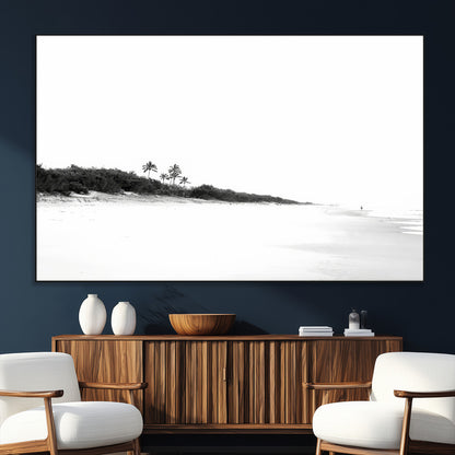 29611516-MGV-CV-36X24-Black White Beach Wall Art Canvas Print, Framed Palm Trees Art Picture Print, Monochrome Tropical Perfect Minimalist Coastal Decor