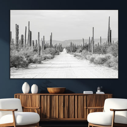 35537313-MGV-CV-36X24-Monochrome Desert Wall Art Canvas Print, Framed Cactus Path Art Picture Print, Southwestern Landscape Perfect Southwestern