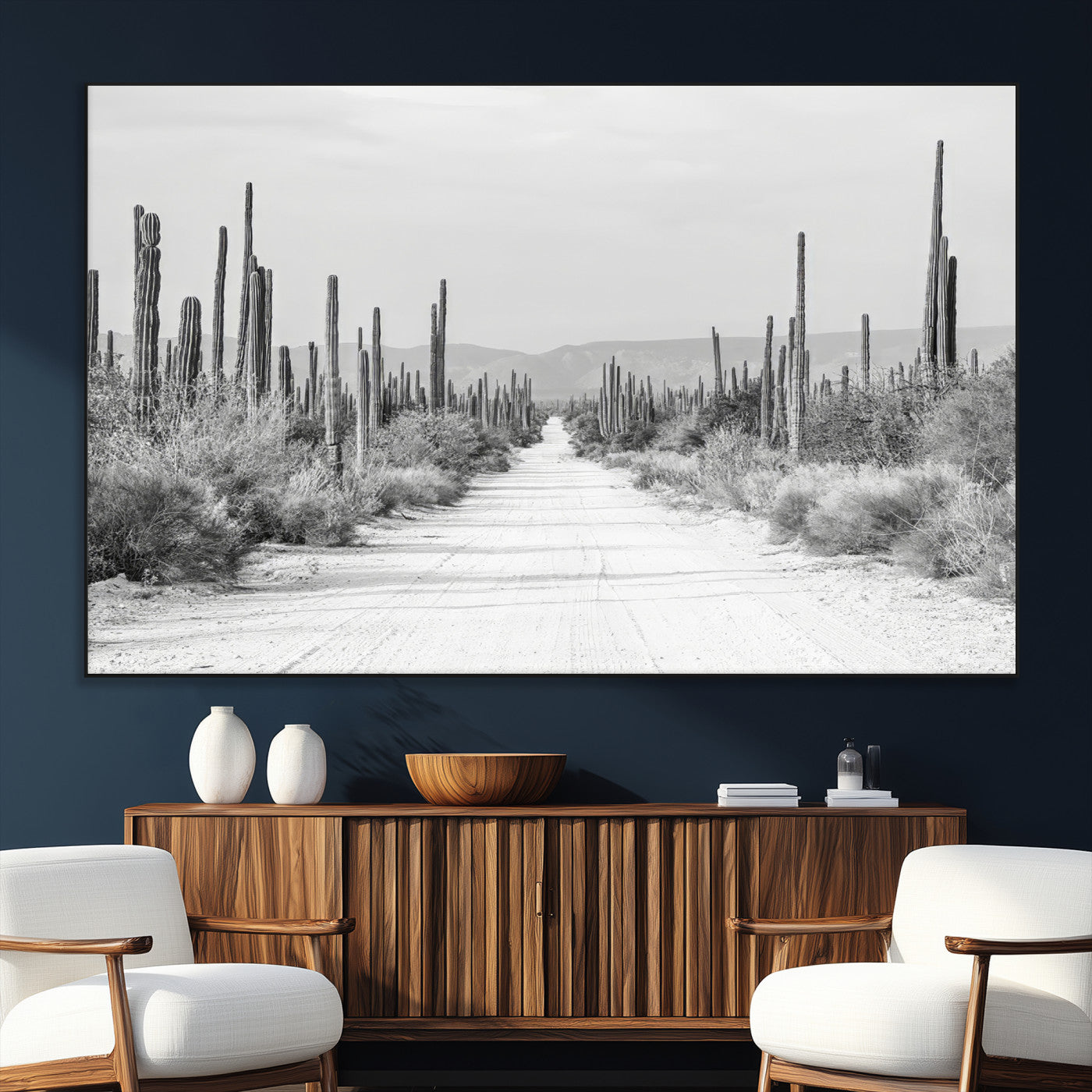 35537313-SEG-FC-51X34_Oversize_Oversize-Monochrome Desert Wall Art Canvas Print, Framed Cactus Path Art Picture Print, Southwestern Landscape Perfect Southwestern