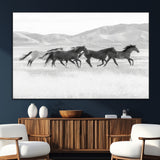 69934913-MGV-CV-36X24-Wild Horses Running Wall Art Canvas Print, Framed Black White Mustangs Art Picture Print, Rustic Western Perfect Rustic Western