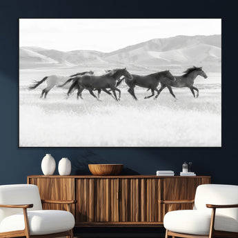 69934913-MGV-CV-36X24-Wild Horses Running Wall Art Canvas Print, Framed Black White Mustangs Art Picture Print, Rustic Western Perfect Rustic Western