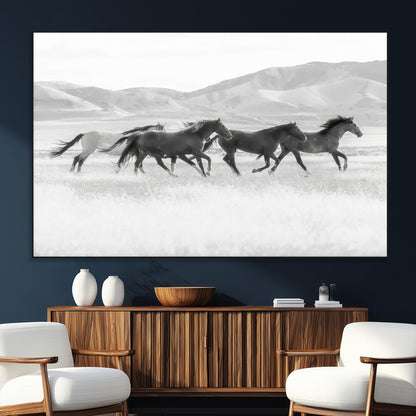 69934913-SEG-FC-51X34_Oversize_Oversize-Wild Horses Running Wall Art Canvas Print, Framed Black White Mustangs Art Picture Print, Rustic Western Perfect Rustic Western