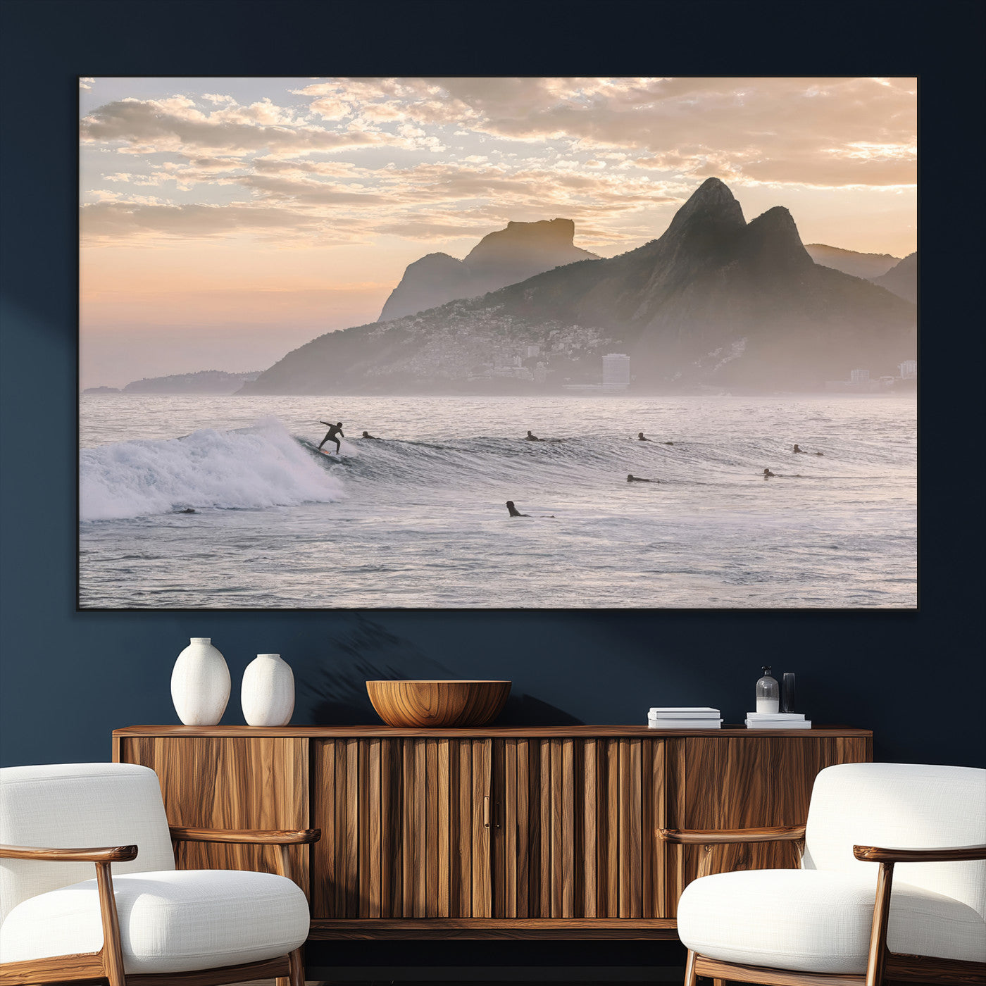 70644906-MGV-CV-36X24-Sunset Surfing Wall Art Canvas Print, Framed Misty Mountains Art Picture Print, Surfer Riding Wave Perfect Coastal Adventure Decor