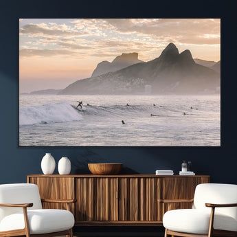 70644906-MGV-CV-36X24-Sunset Surfing Wall Art Canvas Print, Framed Misty Mountains Art Picture Print, Surfer Riding Wave Perfect Coastal Adventure Decor
