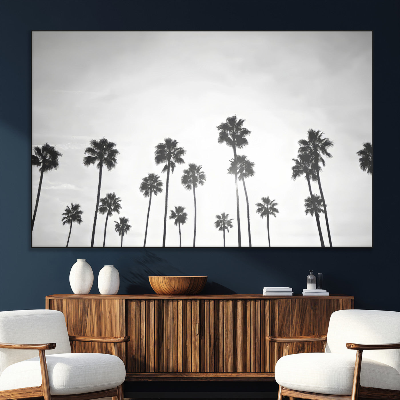 62298277-MGV-CV-36X24-Monochrome Palms Wall Art Canvas Print, Framed Minimalist Trees Art Picture Print, Silhouetted Palms Perfect Tropical Minimalist