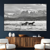 21655040-MGV-CV-36X24-Wild Horses Wall Art Canvas Print, Framed Black White Mountains Art Picture Print, Rustic Countryside Perfect Rustic Western Decor