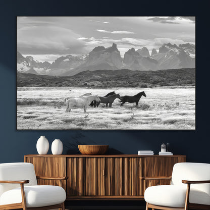 21655040-MGV-CV-36X24-Wild Horses Wall Art Canvas Print, Framed Black White Mountains Art Picture Print, Rustic Countryside Perfect Rustic Western Decor