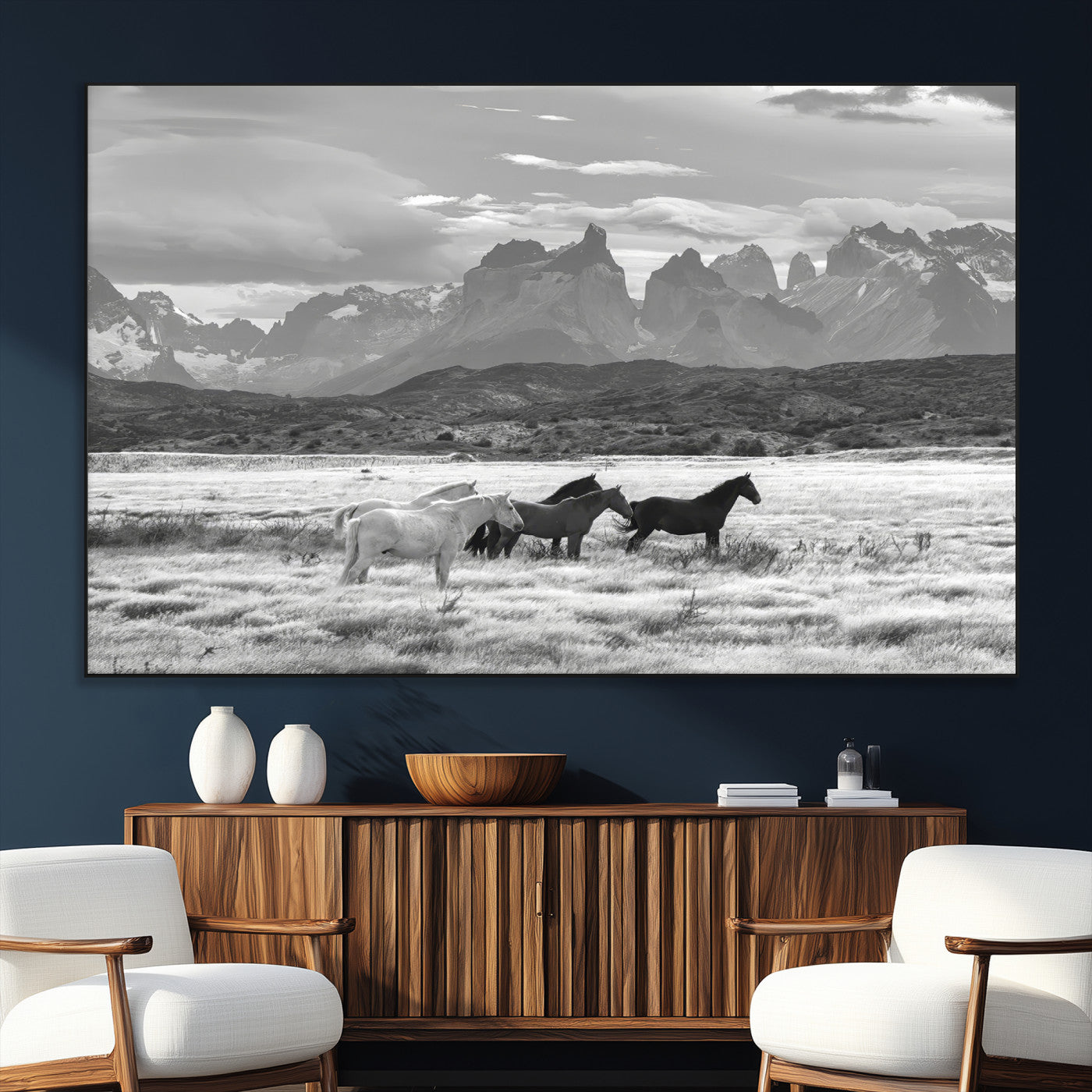21655040-MGV-CV-36X24-Wild Horses Wall Art Canvas Print, Framed Black White Mountains Art Picture Print, Rustic Countryside Perfect Rustic Western Decor