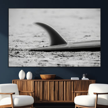 62314230-SEG-FC-51X34_Oversize_Oversize-Black White Surfboard Wall Art Canvas Print, Framed Minimalist Beach Art Picture Print, Surf Fin Perfect Minimalist Coastal Decor