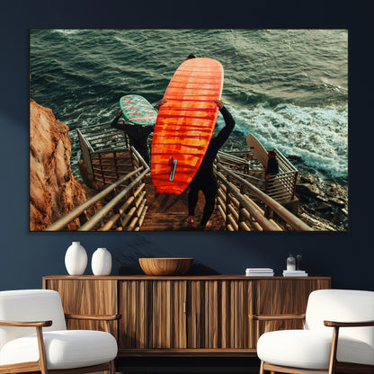 84555848-MGV-CV-36X24-Surfer Stairway Wall Art Canvas Print, Framed Ocean Surf Art Picture Print, Sunset Coastal Perfect Coastal Adventure Decor Artwork