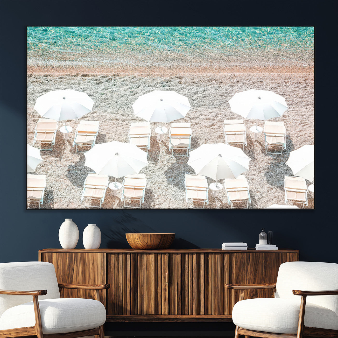 83736167-MGV-CV-36X24-Calm Beach Wall Art Canvas Print, Framed Turquoise Water Art Picture Print, Umbrella Shoreline Perfect Coastal Minimalist Decor