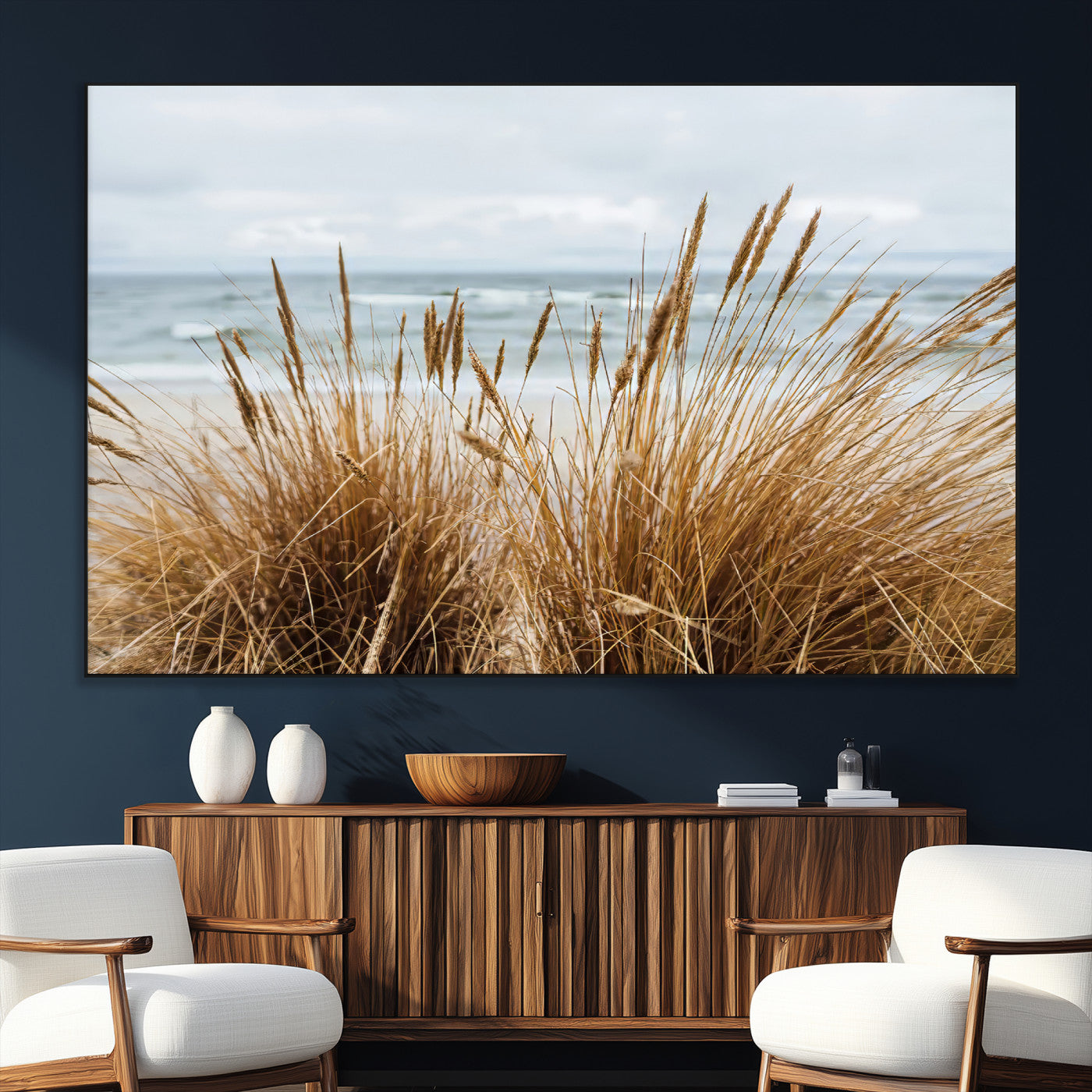 14270839-MGV-CV-36X24-Beach Grass Wall Art Canvas Print, Framed Coastal Dunes Art Picture Print, Dune Grass Perfect Coastal Minimalist Decor Artwork