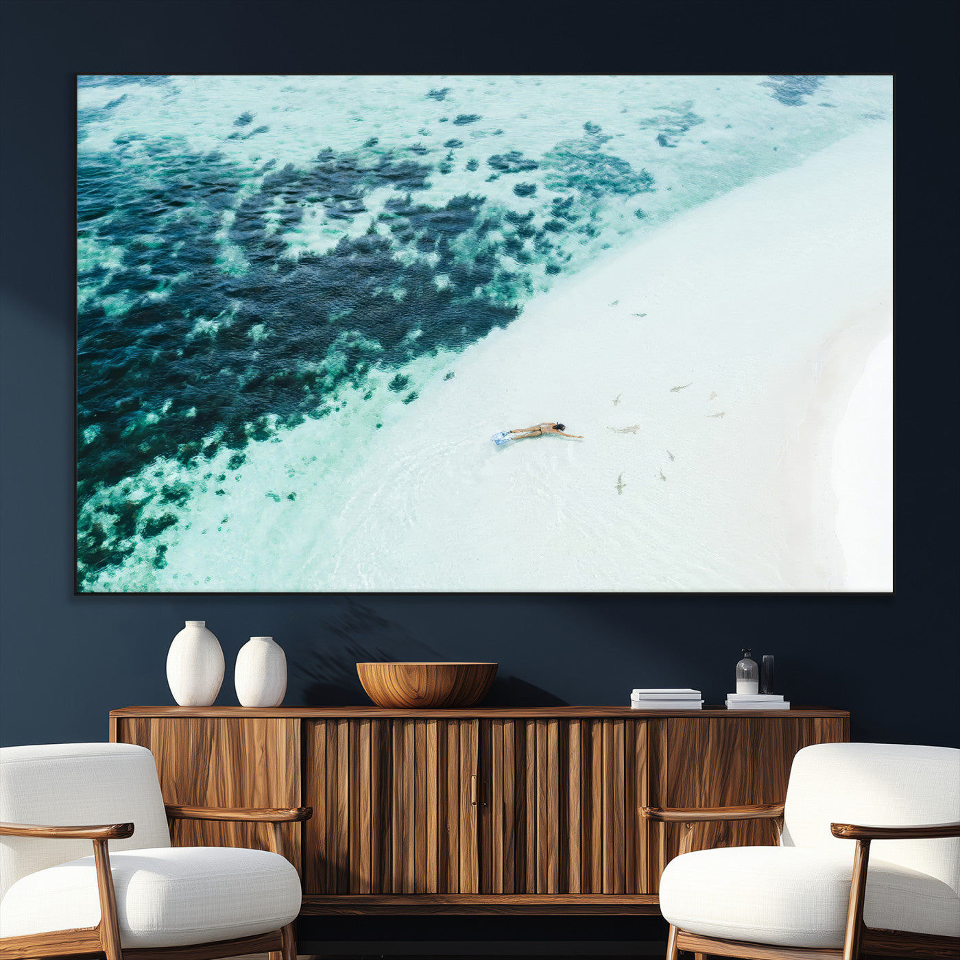 33764764-MGV-CV-36X24-Minimal Beach Wall Art Canvas Print, Framed Ocean Swimming Art Picture Print, Clear Ocean Perfect Minimal Coastal Decor Artwork