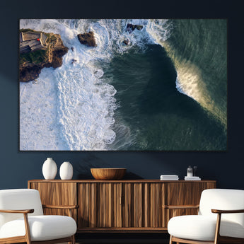 37405684-MGV-CV-36X24-Nazare Coast Wall Art Canvas Print, Framed Aerial Ocean Art Picture Print, Coastal Fortress Perfect Dramatic Coastal Decor Artwork