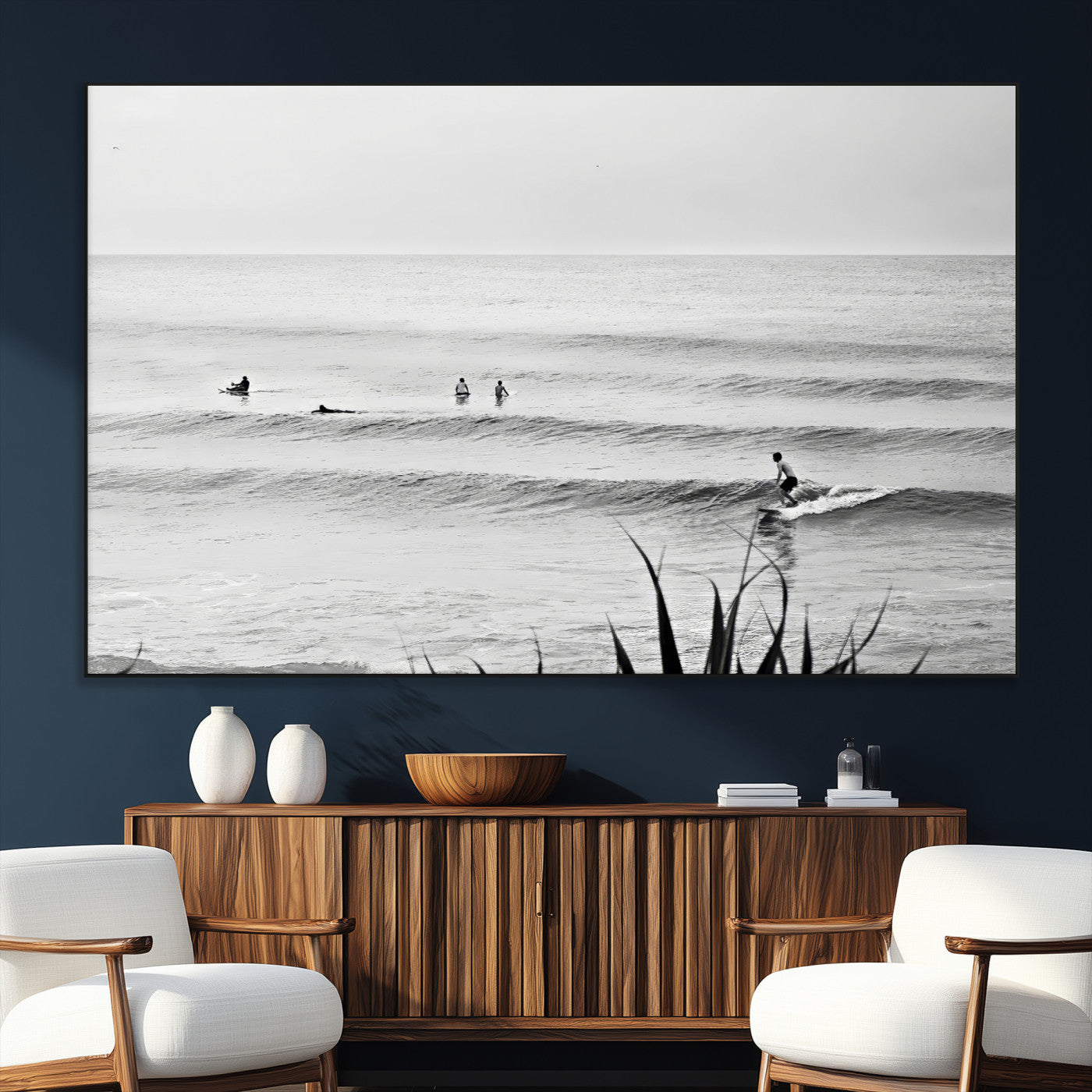33821421-MGV-CV-36X24-Surfer Silhouette Wall Art Canvas Print, Framed Calm Ocean Art Picture Print, Monochrome Surf Perfect Minimalist Coastal Decor