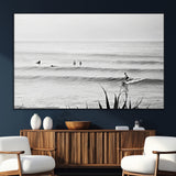 33821421-MGV-CV-36X24-Surfer Silhouette Wall Art Canvas Print, Framed Calm Ocean Art Picture Print, Monochrome Surf Perfect Minimalist Coastal Decor
