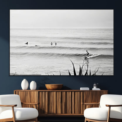 33821421-MGV-CV-36X24-Surfer Silhouette Wall Art Canvas Print, Framed Calm Ocean Art Picture Print, Monochrome Surf Perfect Minimalist Coastal Decor