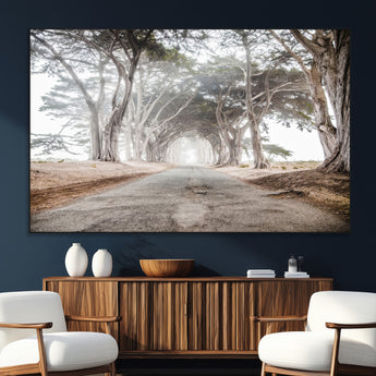87090469-MGV-CV-36X24-Cypress Tunnel Wall Art Canvas Print, Framed Misty Road Art Picture Print, Foggy Trees Perfect Rustic Woodland Decor Artwork