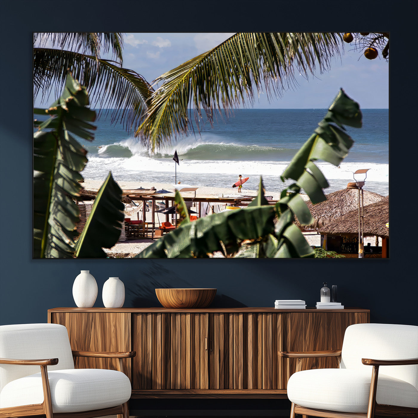 34722557-MGV-CV-36X24-Tropical Shoreline Wall Art Canvas Print, Framed Surfer Beach Art Picture Print, Coastal Surf Perfect Tropical Coastal Decor