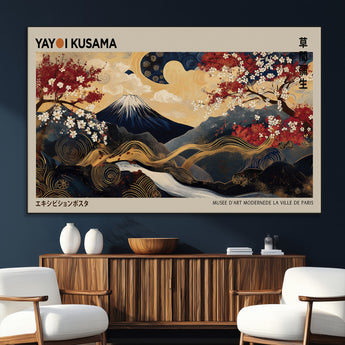 54967195-SEG-FC-51X34_Oversize_Oversize-Mount Fuji Wall Art – Japanese Cherry Blossom Abstract Canvas Print, Navy Gold Landscape Painting, Oriental Luxury Home Decor