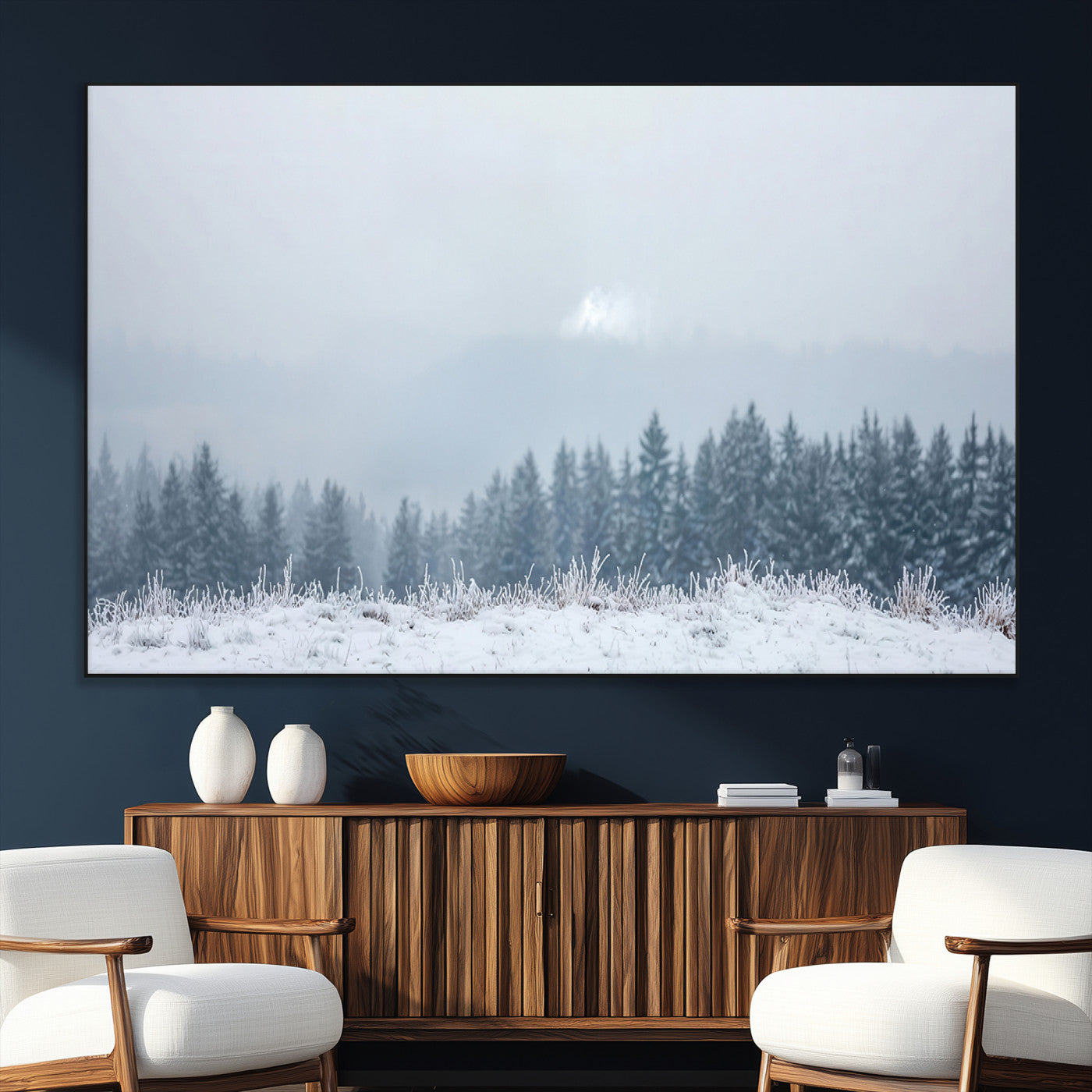 33033082-MGV-CV-36X24-Winter Forest Art Wall Art Canvas Print, Framed Snowy Landscape Art Picture Print, Misty Tree Scene Perfect Nordic Minimalist